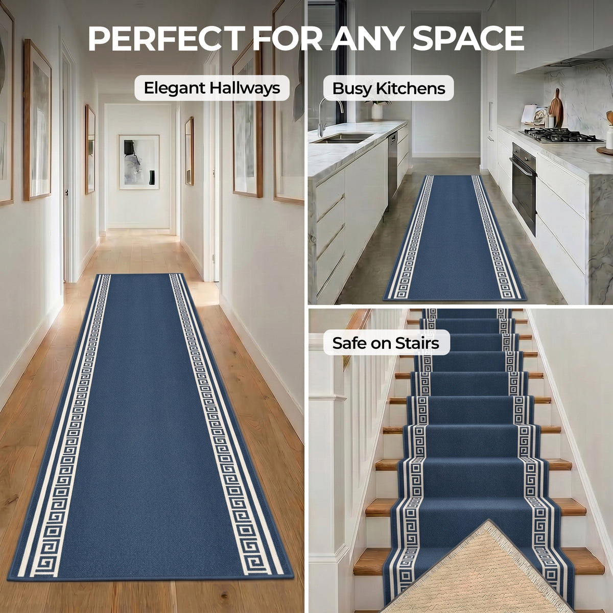 Blue Luna Non-Slip Stair Runner, Machine Washable Hallway and Kitchen Runner Rug, Gel Backed, 66cm Wide, Custom Lengths