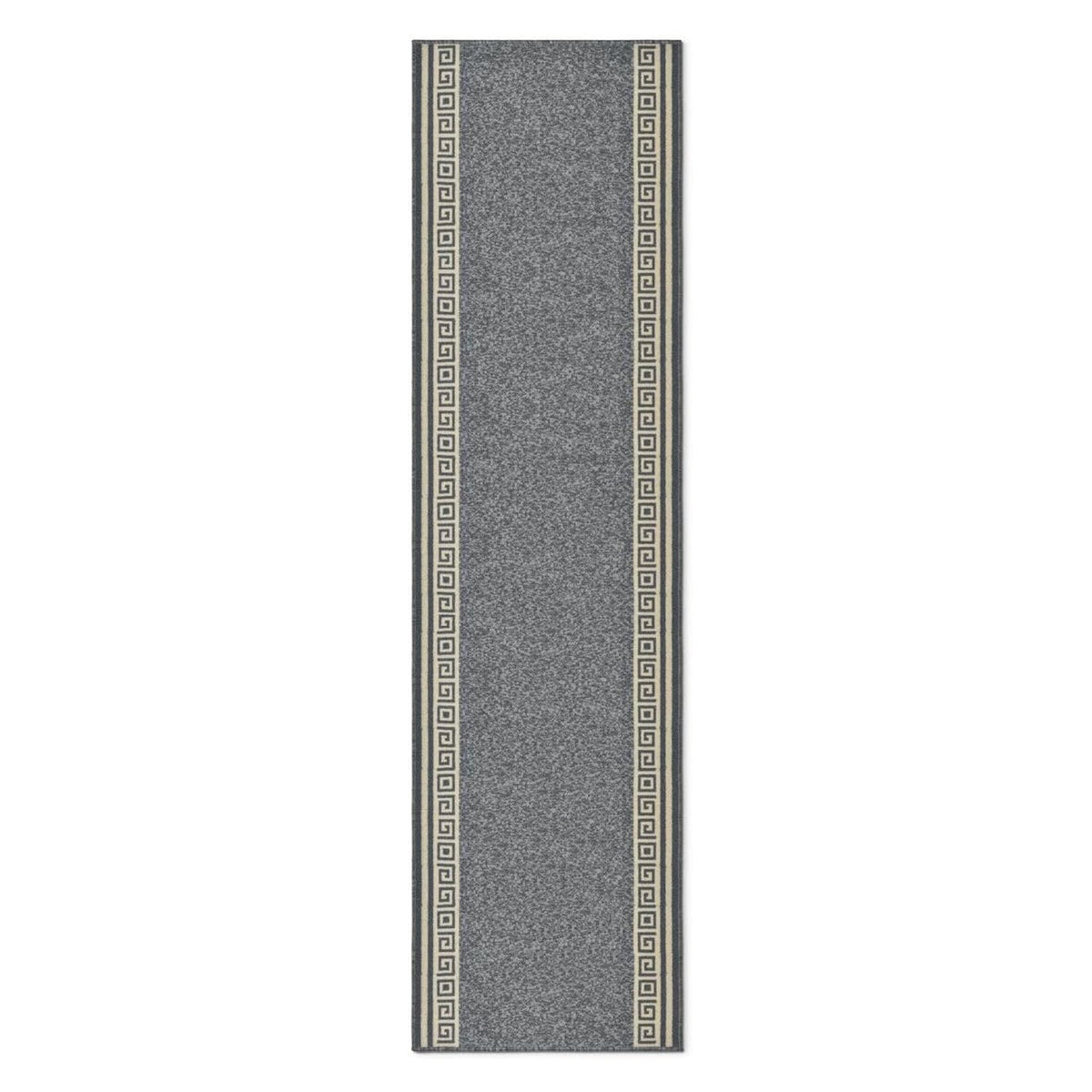 Greek Grey Luna Stair Runner and Kitchen Mat, Swirl Border Non-Slip Hallway Runner, 66cm Wide, Washable, Custom Length