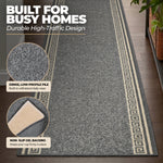 Greek Grey Luna Stair Runner and Kitchen Mat, Swirl Border Non-Slip Hallway Runner, 66cm Wide, Washable, Custom Length