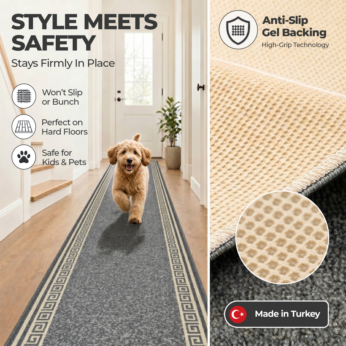 Greek Grey Luna Stair Runner and Kitchen Mat, Swirl Border Non-Slip Hallway Runner, 66cm Wide, Washable, Custom Length