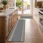 Greek Grey Luna Stair Runner and Kitchen Mat, Swirl Border Non-Slip Hallway Runner, 66cm Wide, Washable, Custom Length