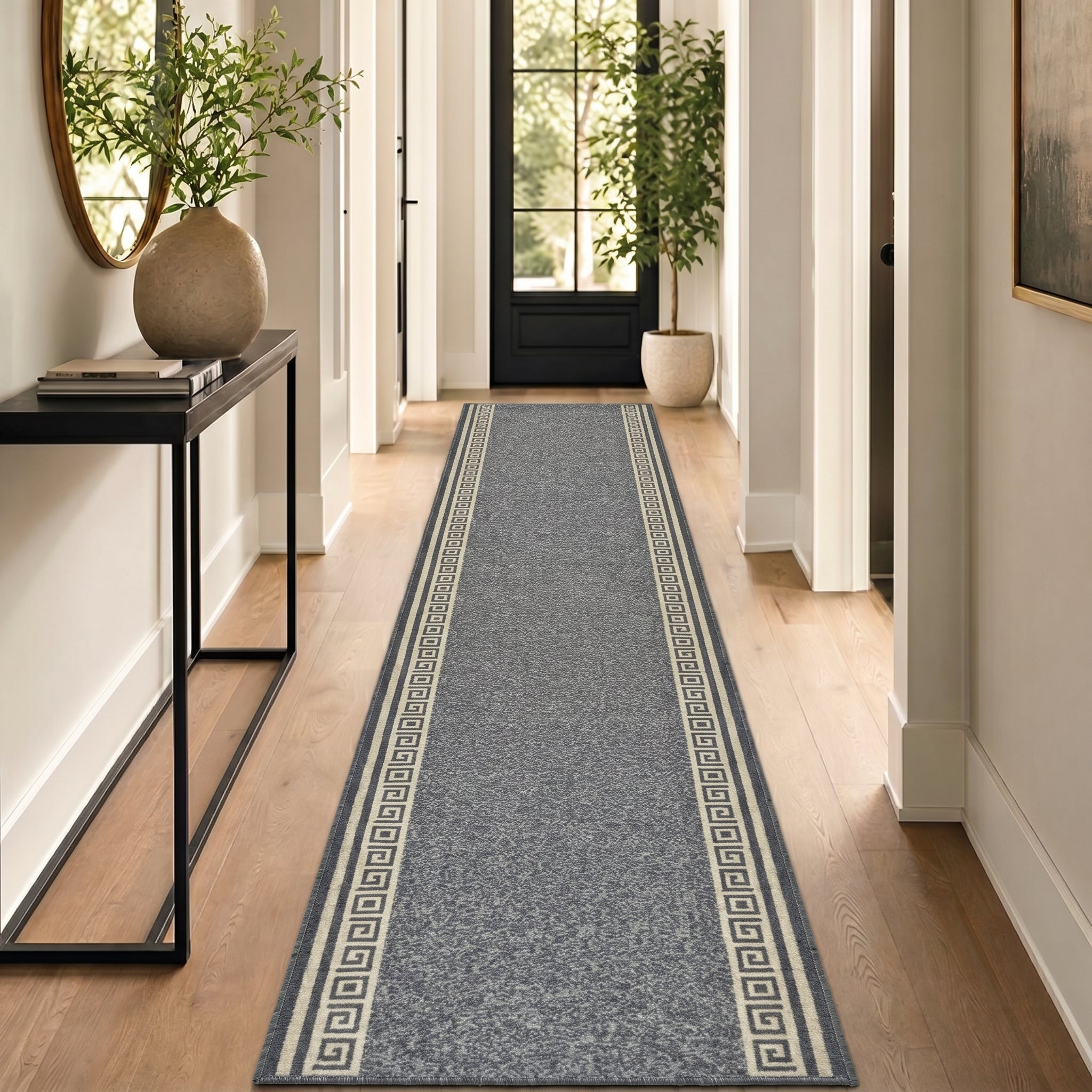 Greek Grey Luna Stair Runner and Kitchen Mat, Swirl Border Non-Slip Hallway Runner, 66cm Wide, Washable, Custom Length