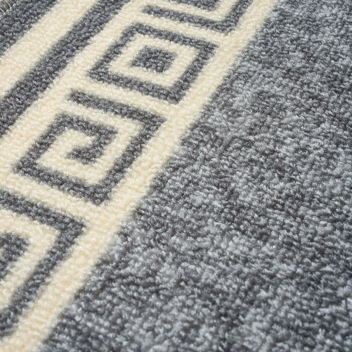 Greek Grey Luna Stair Runner and Kitchen Mat, Swirl Border Non-Slip Hallway Runner, 66cm Wide, Washable, Custom Length