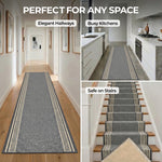 Greek Grey Luna Stair Runner and Kitchen Mat, Swirl Border Non-Slip Hallway Runner, 66cm Wide, Washable, Custom Length