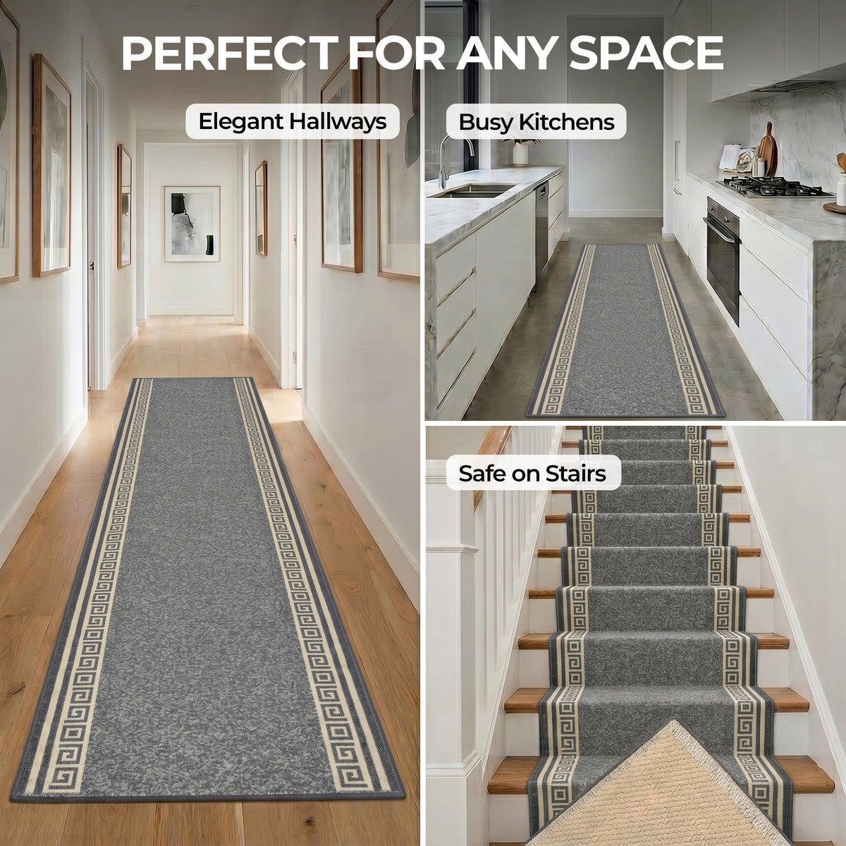 Greek Grey Luna Stair Runner and Kitchen Mat, Swirl Border Non-Slip Hallway Runner, 66cm Wide, Washable, Custom Length