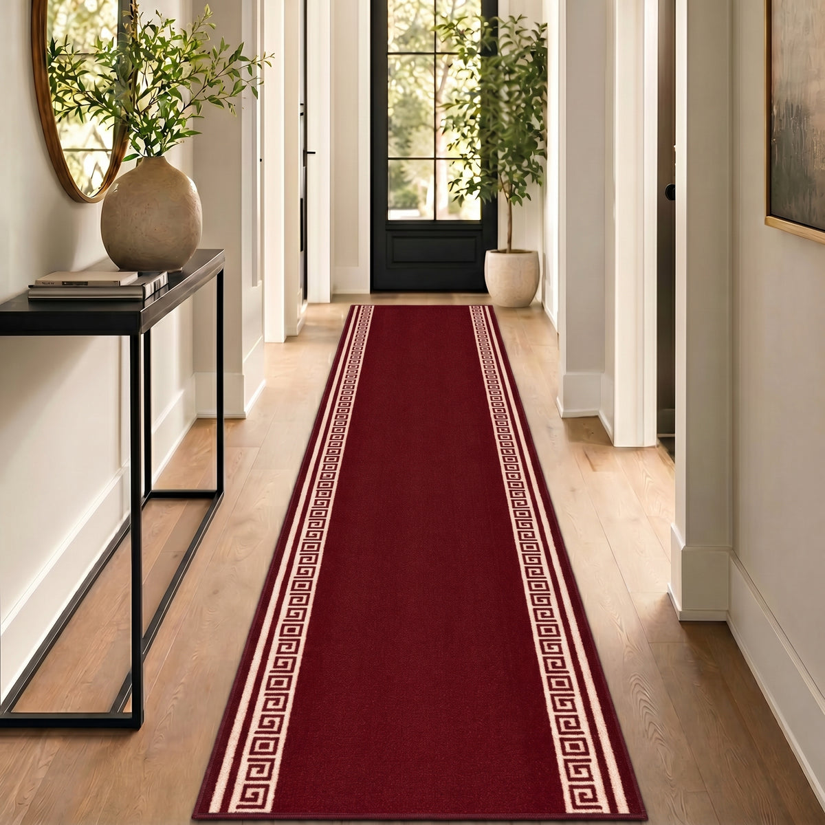 Greek Red Luna Stair Runner and Kitchen Mat, Swirl Border Non-Slip Hallway Runner, 66cm Wide, Washable, Custom Length