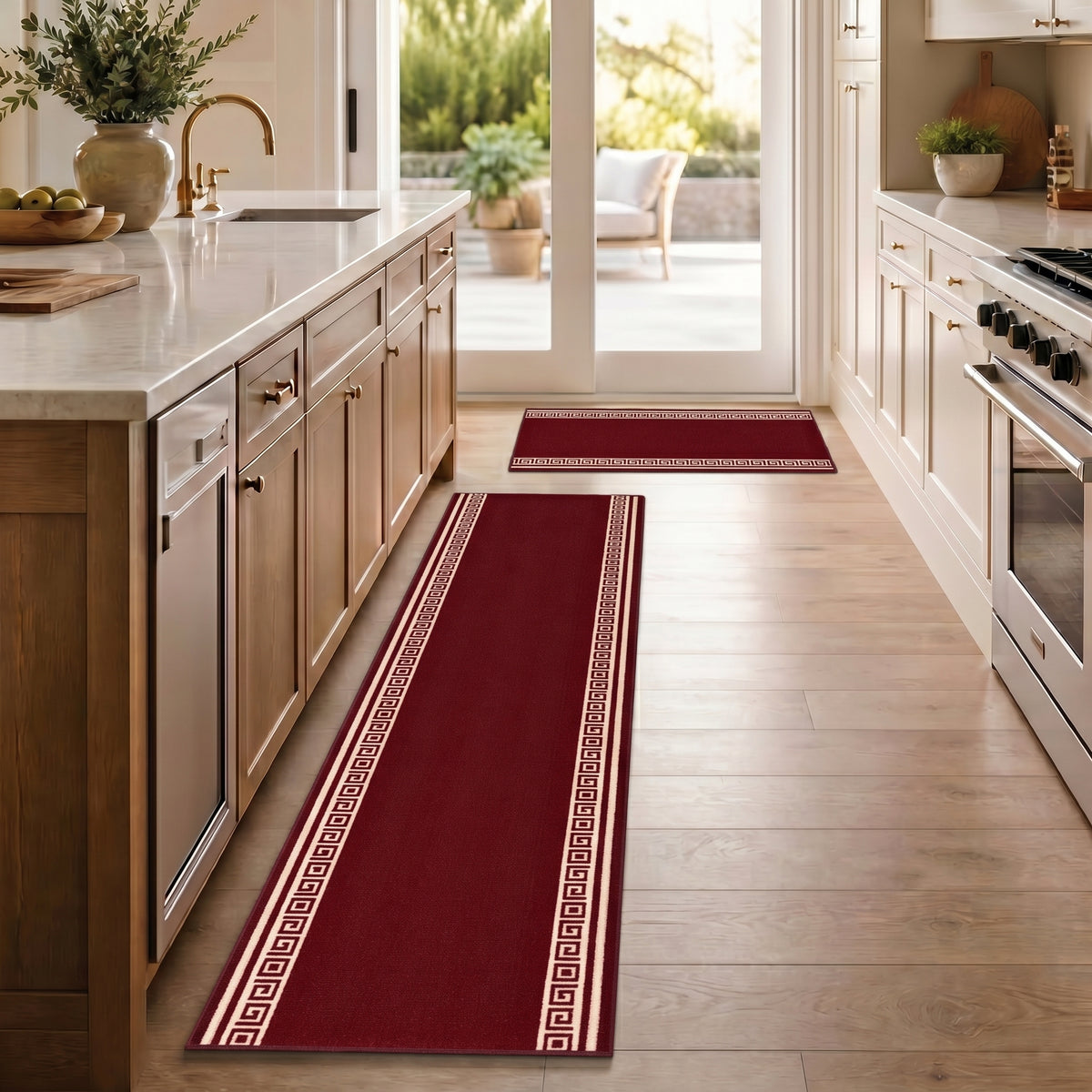 Greek Red Luna Stair Runner and Kitchen Mat, Swirl Border Non-Slip Hallway Runner, 66cm Wide, Washable, Custom Length