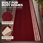 Greek Red Luna Stair Runner and Kitchen Mat, Swirl Border Non-Slip Hallway Runner, 66cm Wide, Washable, Custom Length