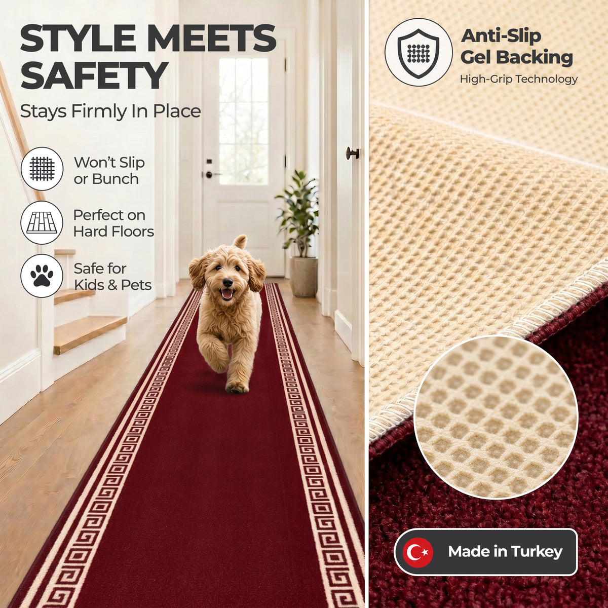 Greek Red Luna Stair Runner and Kitchen Mat, Swirl Border Non-Slip Hallway Runner, 66cm Wide, Washable, Custom Length