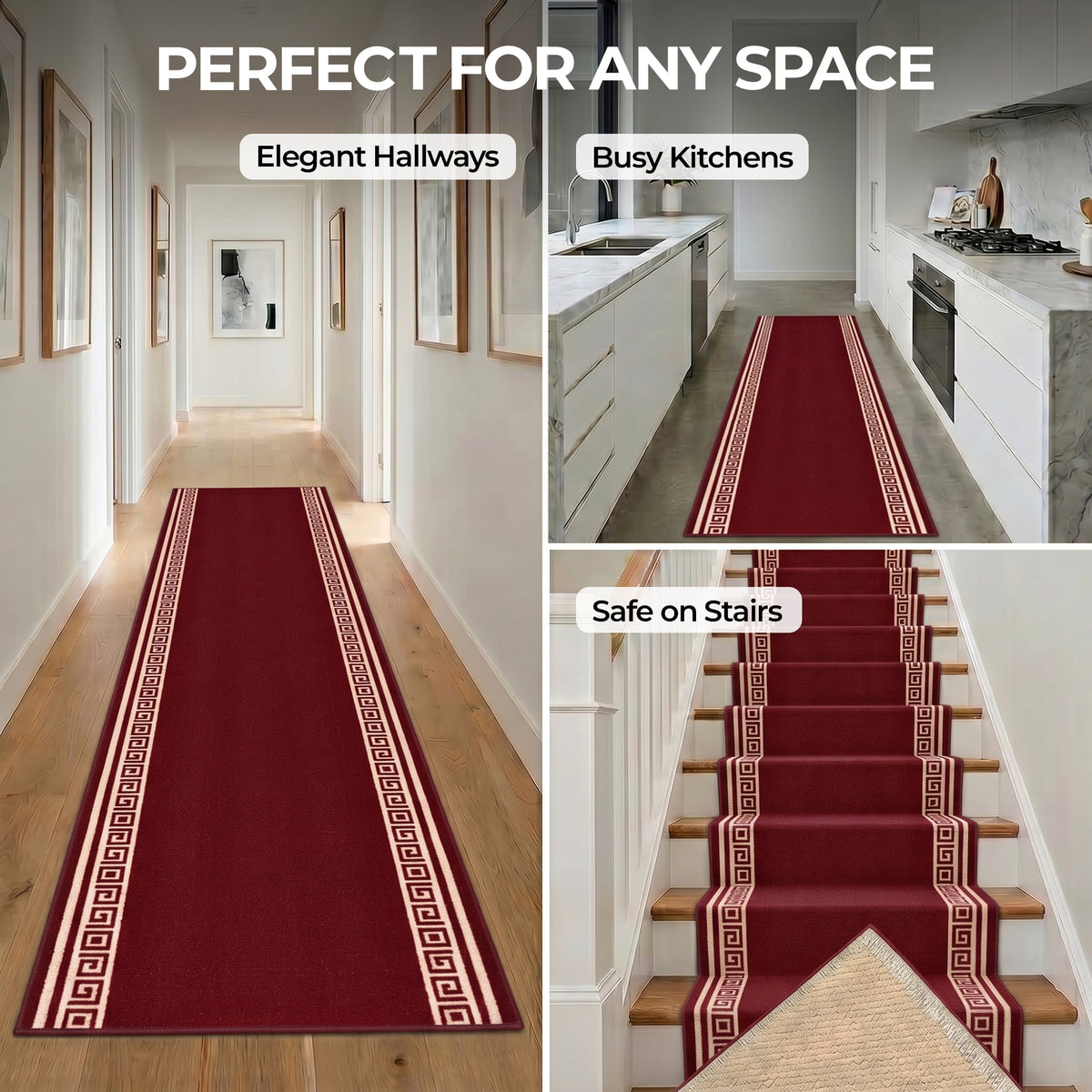 Greek Red Luna Stair Runner and Kitchen Mat, Swirl Border Non-Slip Hallway Runner, 66cm Wide, Washable, Custom Length