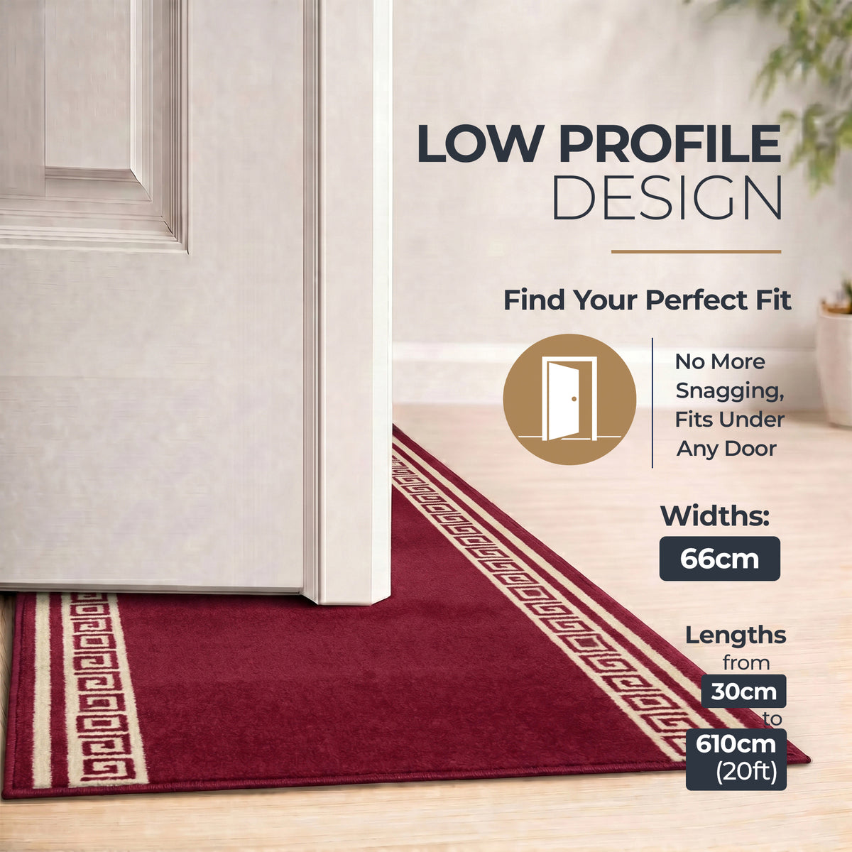 Greek Red Luna Stair Runner and Kitchen Mat, Swirl Border Non-Slip Hallway Runner, 66cm Wide, Washable, Custom Length