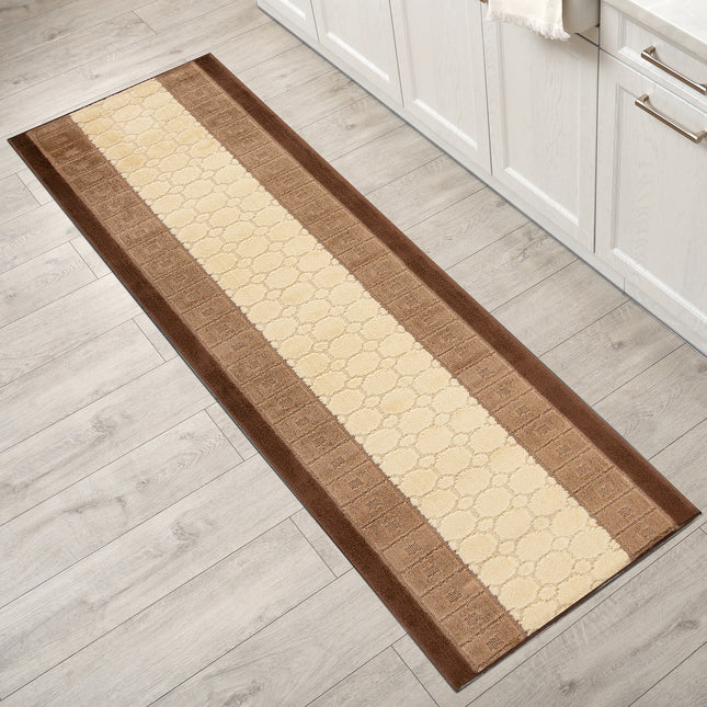 Stair Runner Non-Slip Kitchen Mat - London Geometric Beige & Brown