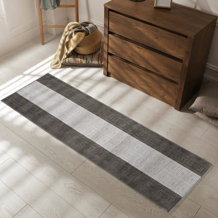 Stair Runner Non-Slip Kitchen Mat - London Grey & Silver Greek Border