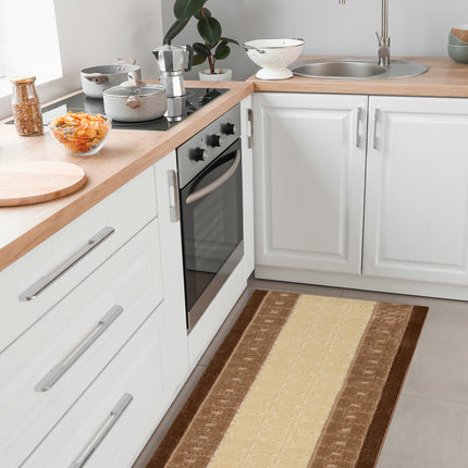 Stair Runner Non-Slip Kitchen Mat - London Geometric Beige & Brown