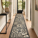 Tiles Grey Stair Runner and Kitchen Mat, Tile Print Non-Slip Hallway Runner, 66cm Wide, Washable, Custom Length