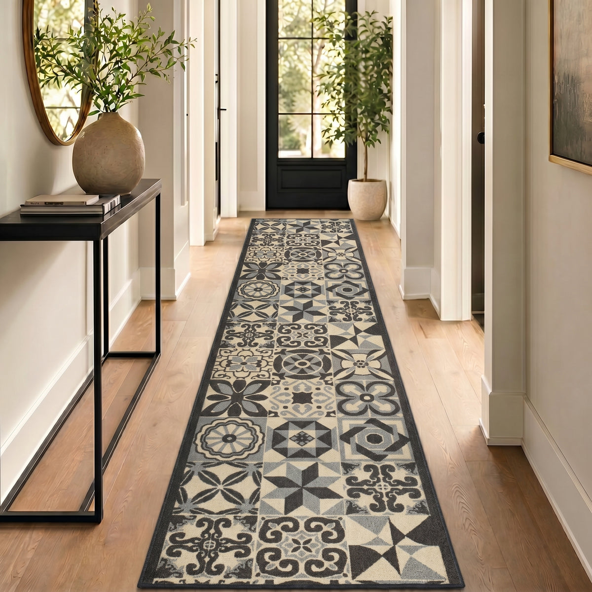 Tiles Grey Stair Runner and Kitchen Mat, Tile Print Non-Slip Hallway Runner, 66cm Wide, Washable, Custom Length