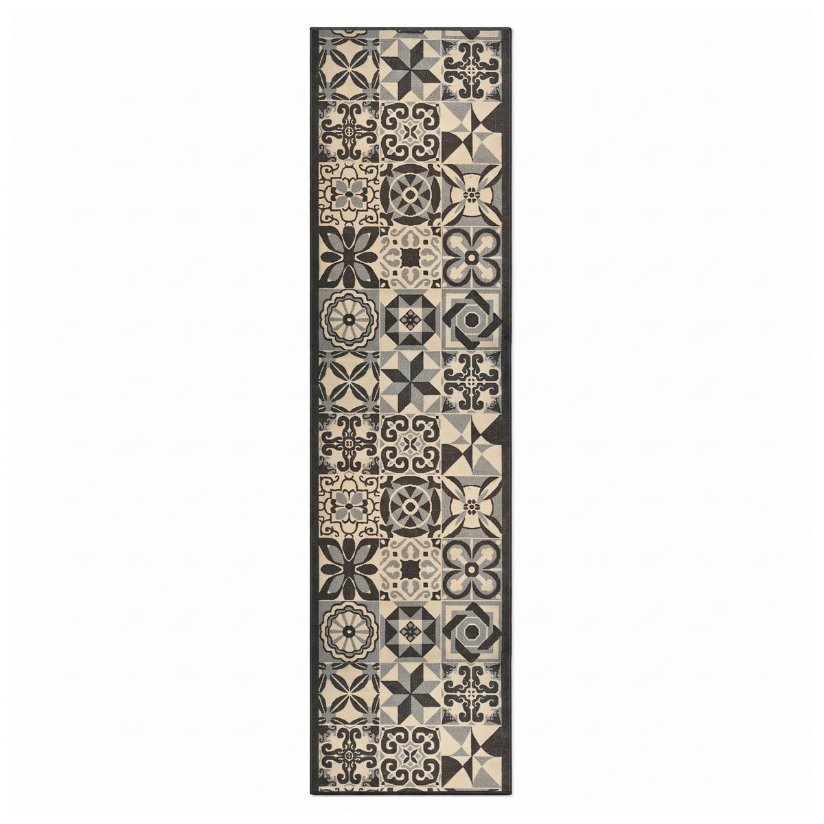 Tiles Grey Stair Runner and Kitchen Mat, Tile Print Non-Slip Hallway Runner, 66cm Wide, Washable, Custom Length