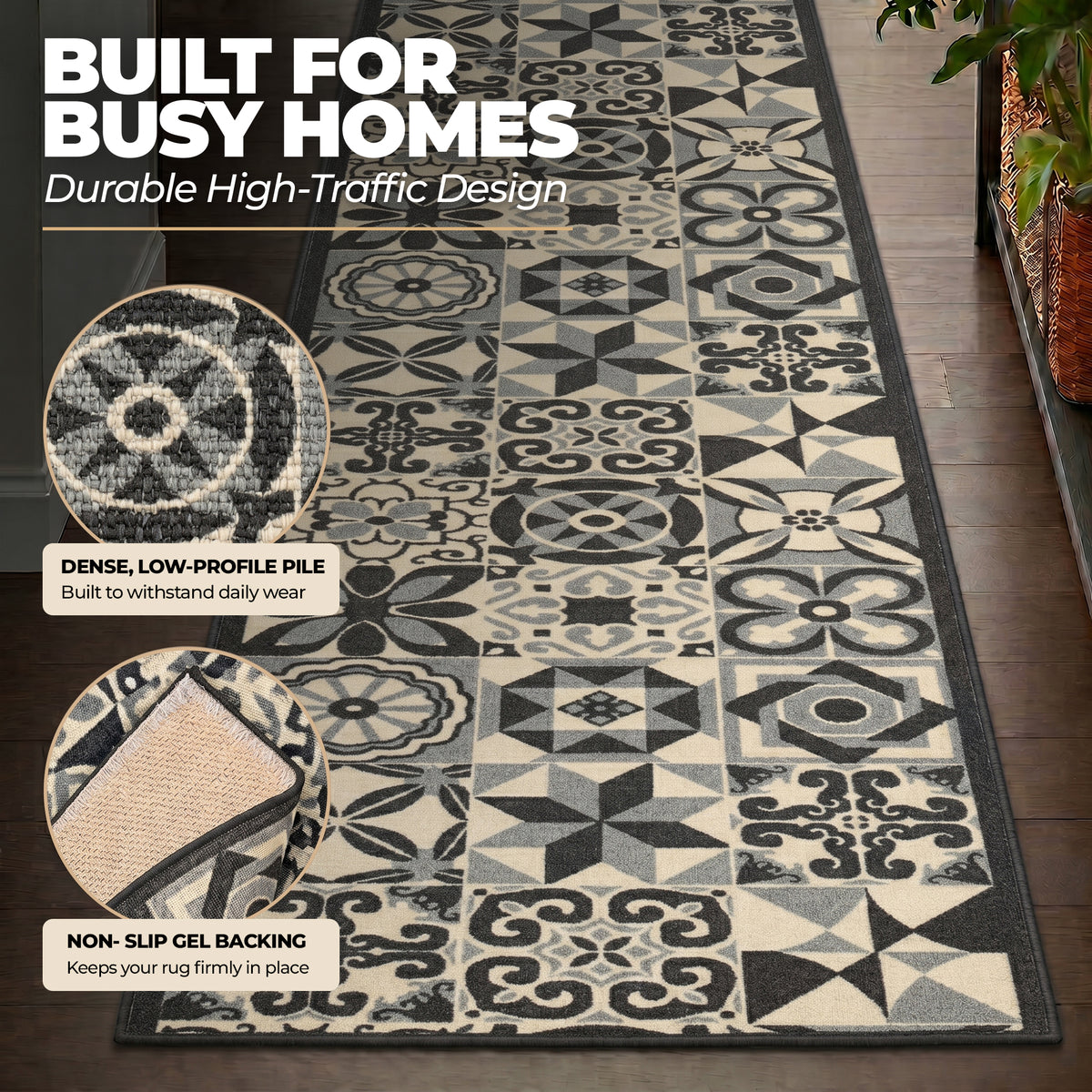 Tiles Grey Stair Runner and Kitchen Mat, Tile Print Non-Slip Hallway Runner, 66cm Wide, Washable, Custom Length