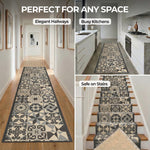 Tiles Grey Stair Runner and Kitchen Mat, Tile Print Non-Slip Hallway Runner, 66cm Wide, Washable, Custom Length