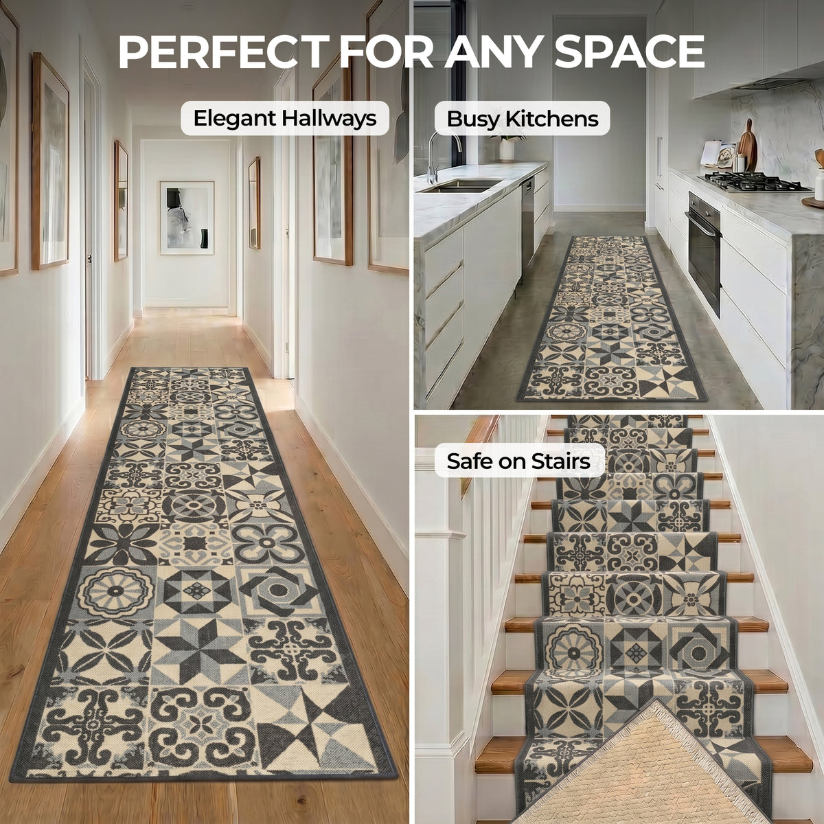 Tiles Grey Stair Runner and Kitchen Mat, Tile Print Non-Slip Hallway Runner, 66cm Wide, Washable, Custom Length