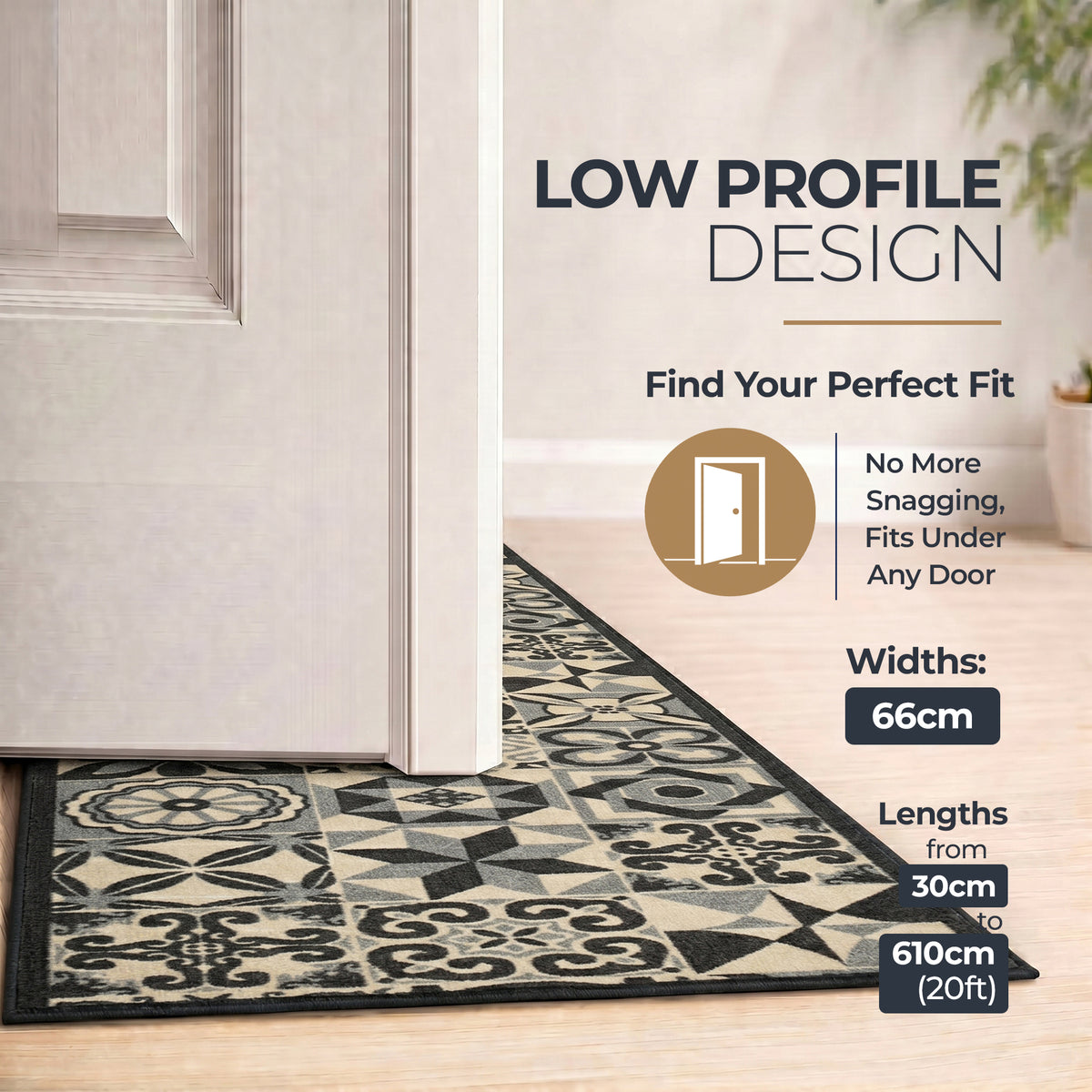 Tiles Grey Stair Runner and Kitchen Mat, Tile Print Non-Slip Hallway Runner, 66cm Wide, Washable, Custom Length
