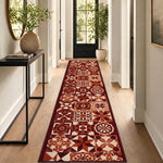 Tiles Red Stair Runner and Kitchen Mat, Tile Pattern Non-Slip Hallway Runner, 66cm Wide, Washable, Custom Length