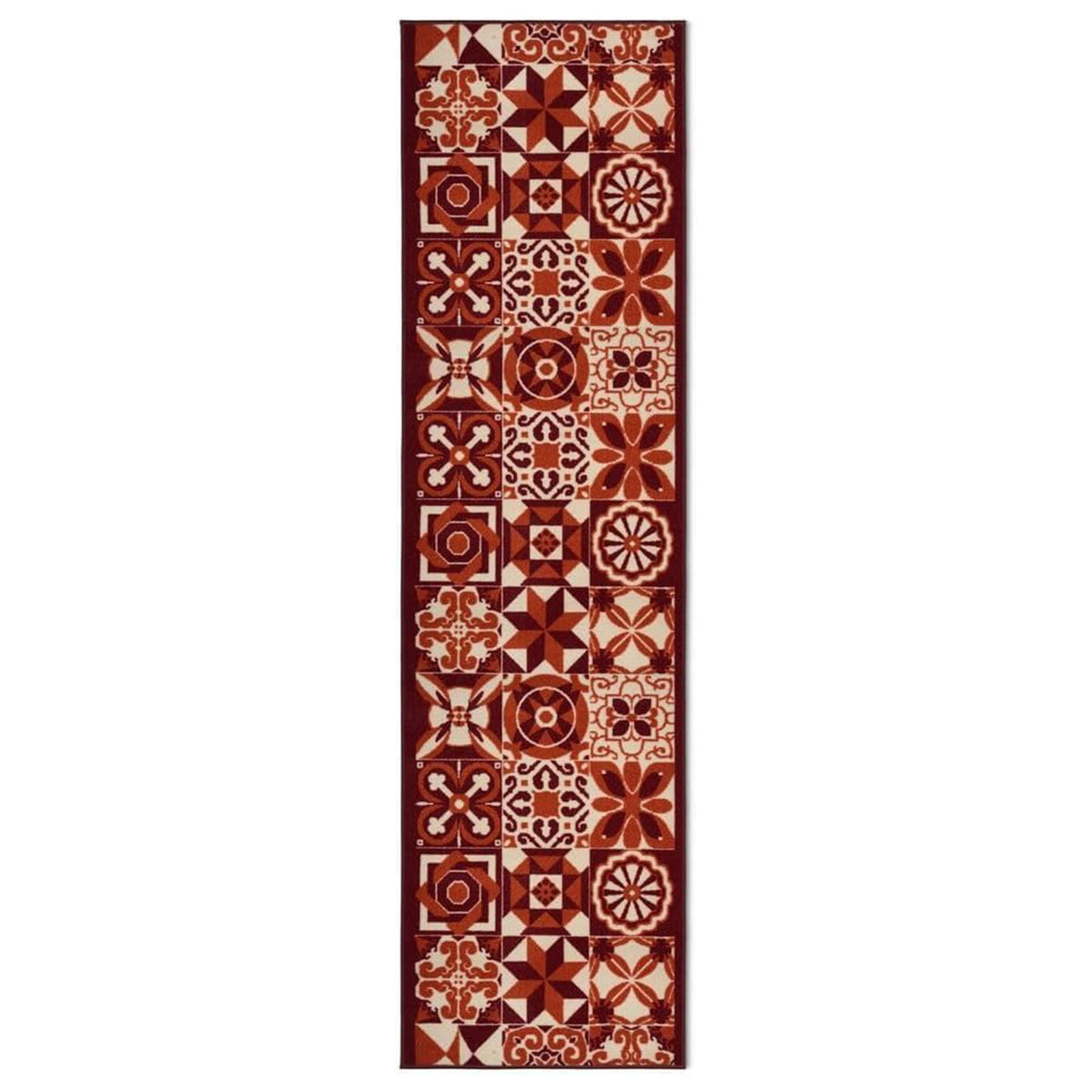 Tiles Red Stair Runner and Kitchen Mat, Tile Pattern Non-Slip Hallway Runner, 66cm Wide, Washable, Custom Length