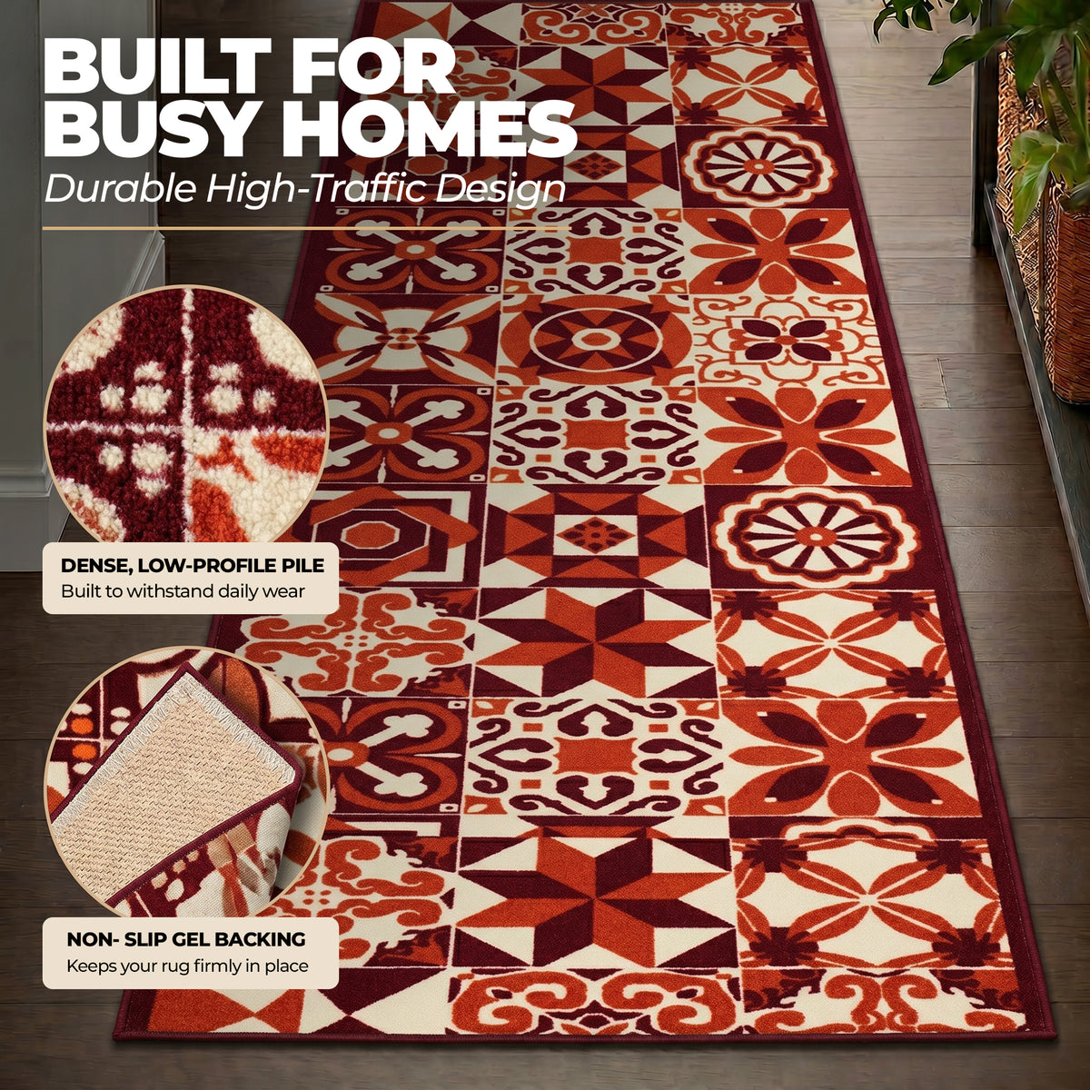 Tiles Red Stair Runner and Kitchen Mat, Tile Pattern Non-Slip Hallway Runner, 66cm Wide, Washable, Custom Length