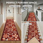 Tiles Red Stair Runner and Kitchen Mat, Tile Pattern Non-Slip Hallway Runner, 66cm Wide, Washable, Custom Length