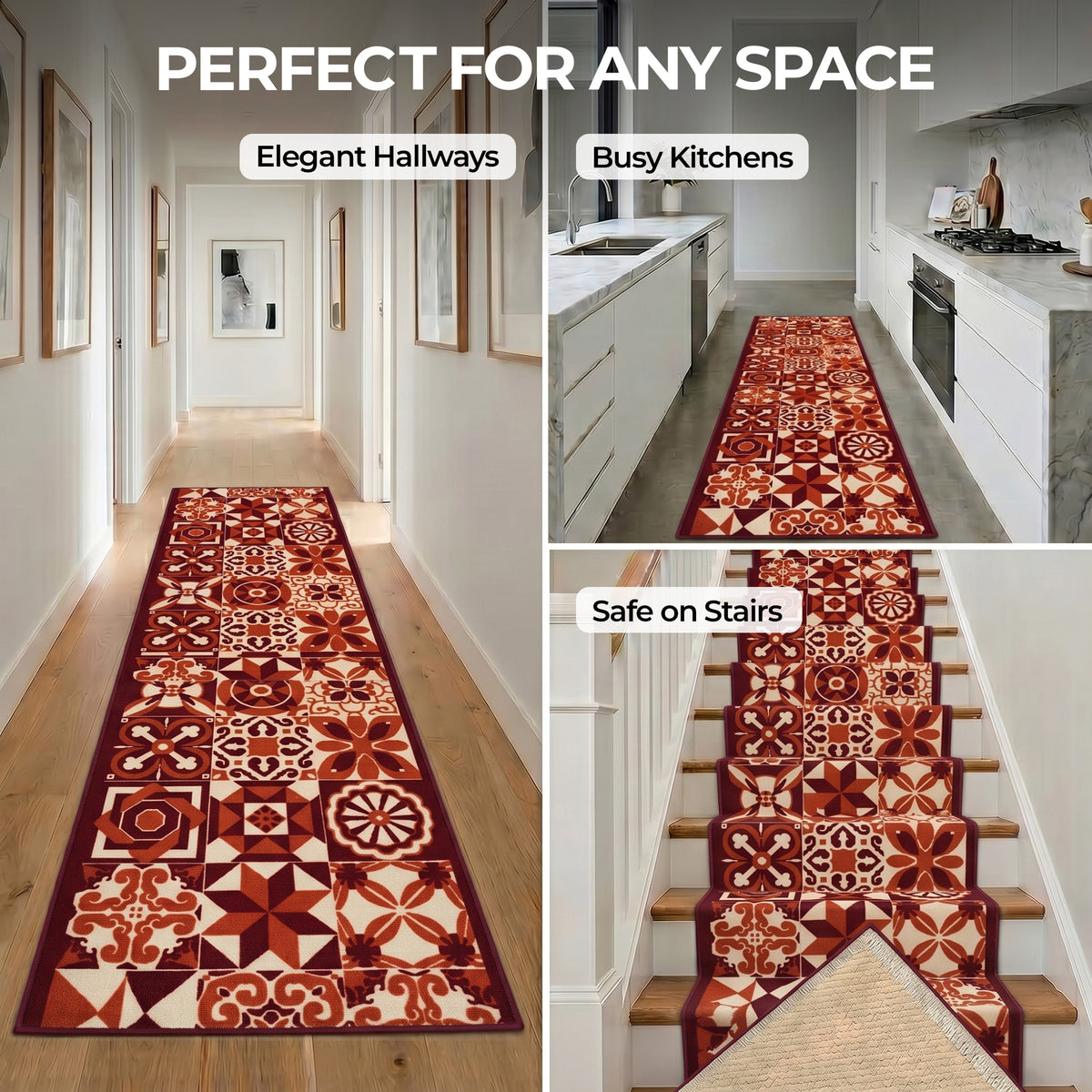 Tiles Red Stair Runner and Kitchen Mat, Tile Pattern Non-Slip Hallway Runner, 66cm Wide, Washable, Custom Length