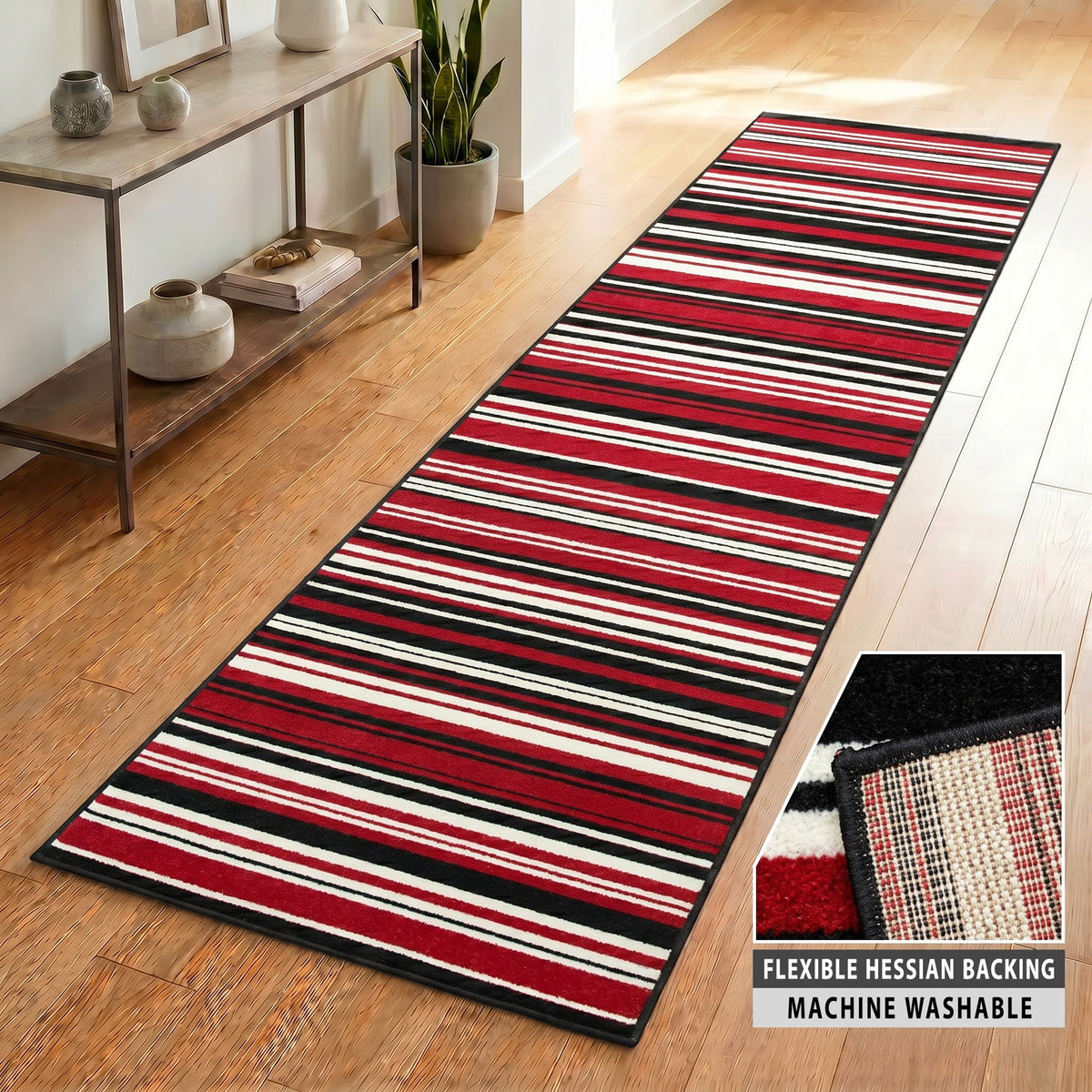 Texas Red Striped Stair Runner, Red Black and White Lines Hallway Carpet Runner Rug, 60cm Wide, Custom Lengths