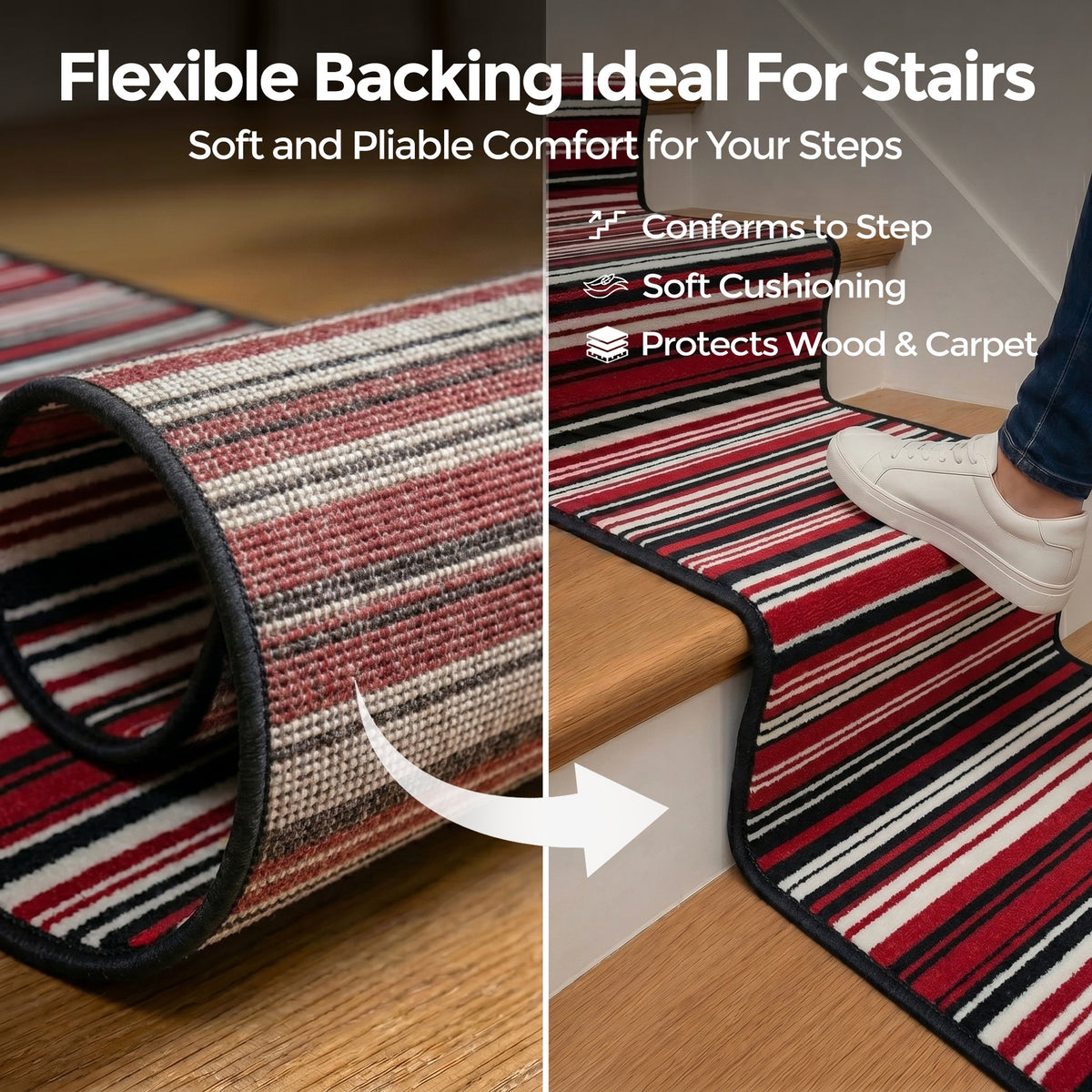 Texas Red Striped Stair Runner, Red Black and White Lines Hallway Carpet Runner Rug, 60cm Wide, Custom Lengths