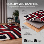 California Red Tides Shaggy Rug, Thick 5cm Deep Pile Geometric Rug for Living Room and Bedroom, Non-Shedding