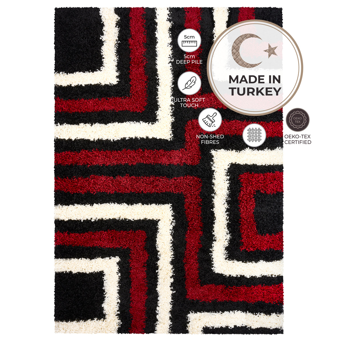 California Red Tides Shaggy Rug, Thick 5cm Deep Pile Geometric Rug for Living Room and Bedroom, Non-Shedding
