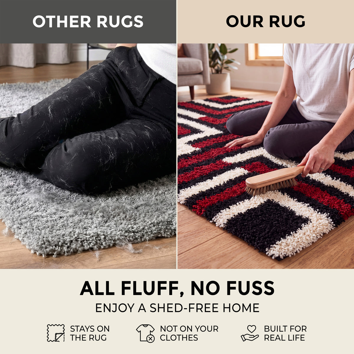 California Red Tides Shaggy Rug, Thick 5cm Deep Pile Geometric Rug for Living Room and Bedroom, Non-Shedding