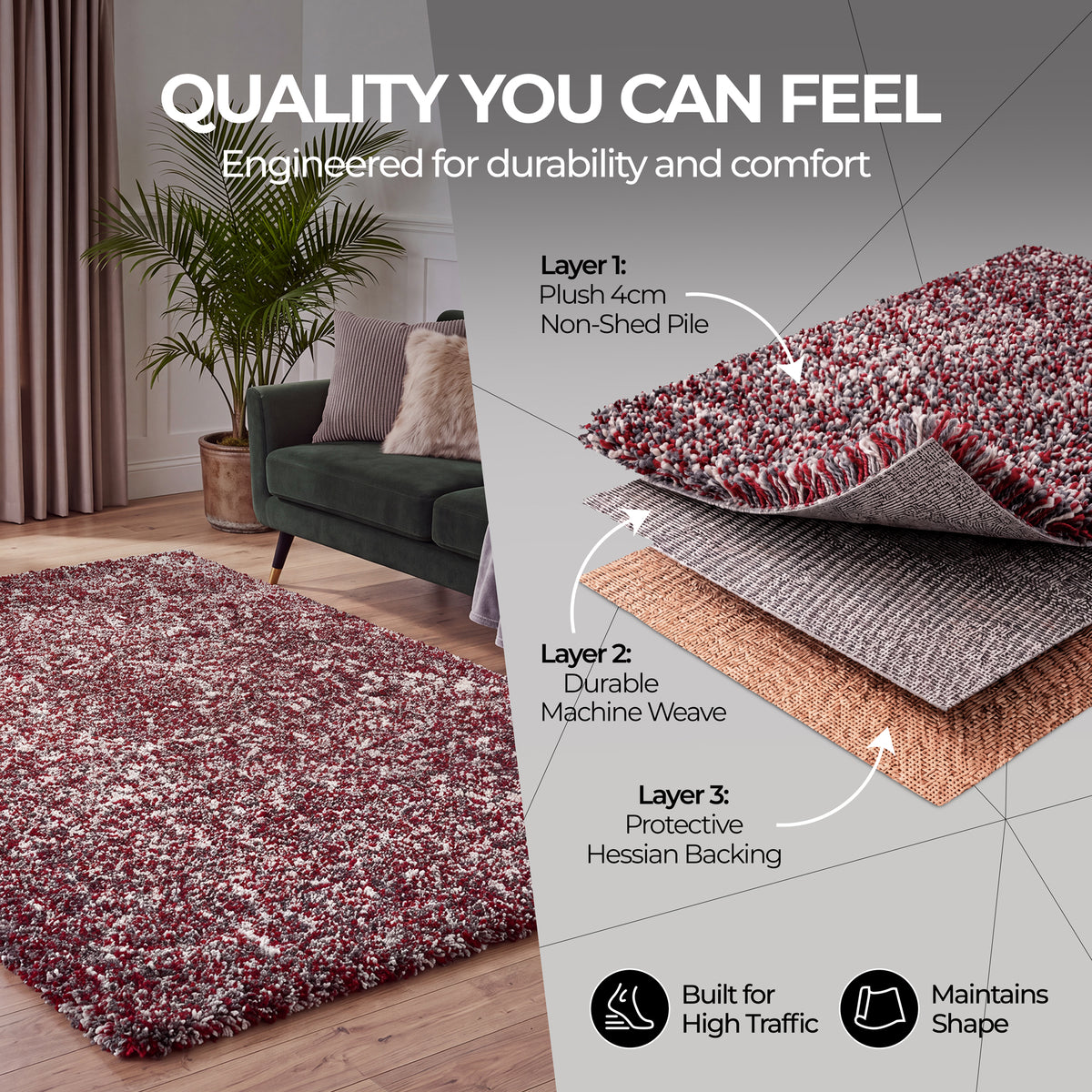 Enjoy Red Mottled Shaggy Rug, 4cm Thick Pile, Non-Shed Polypropylene, Hessian Backed, Underfloor Heating Safe