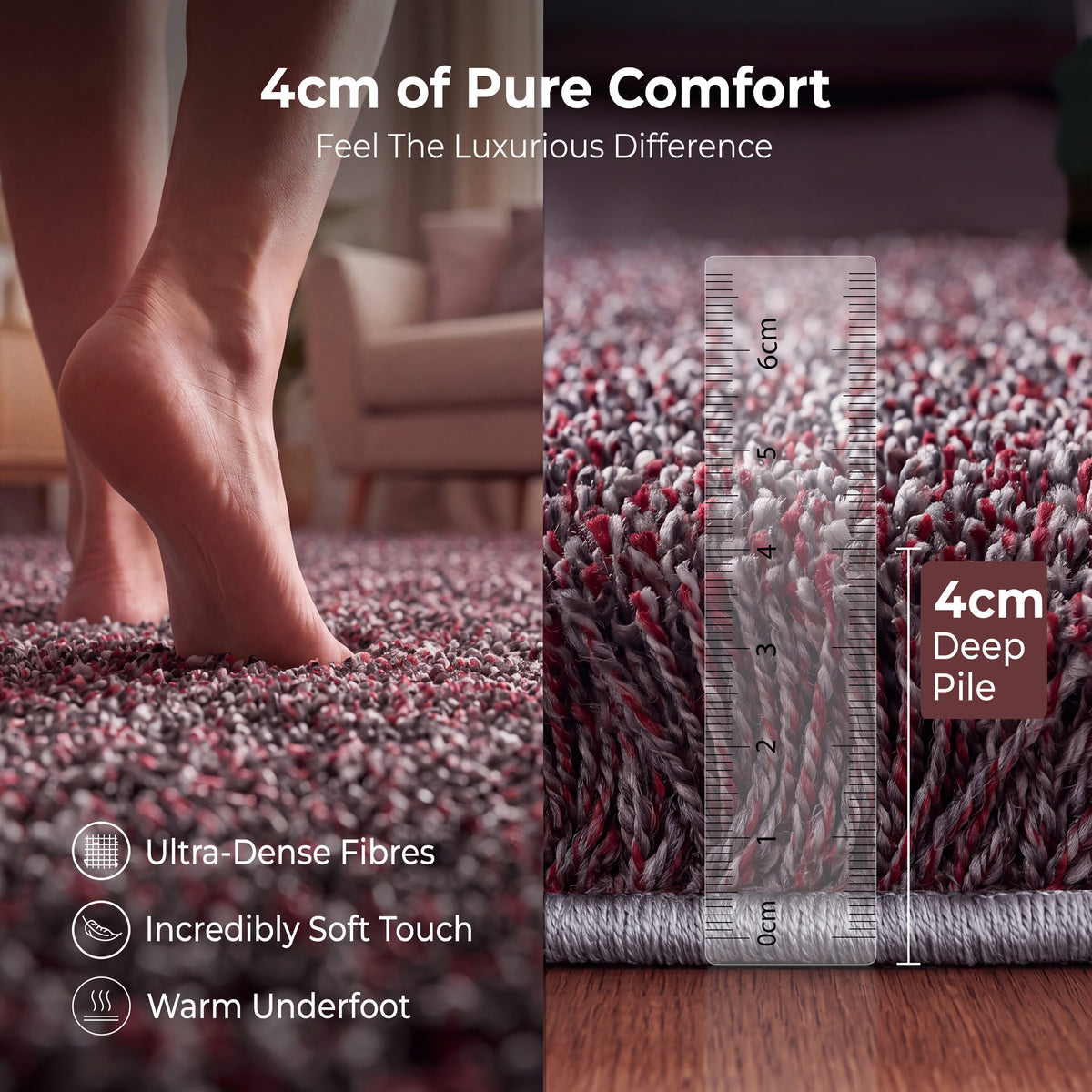 Enjoy Red Mottled Shaggy Rug, 4cm Thick Pile, Non-Shed Polypropylene, Hessian Backed, Underfloor Heating Safe