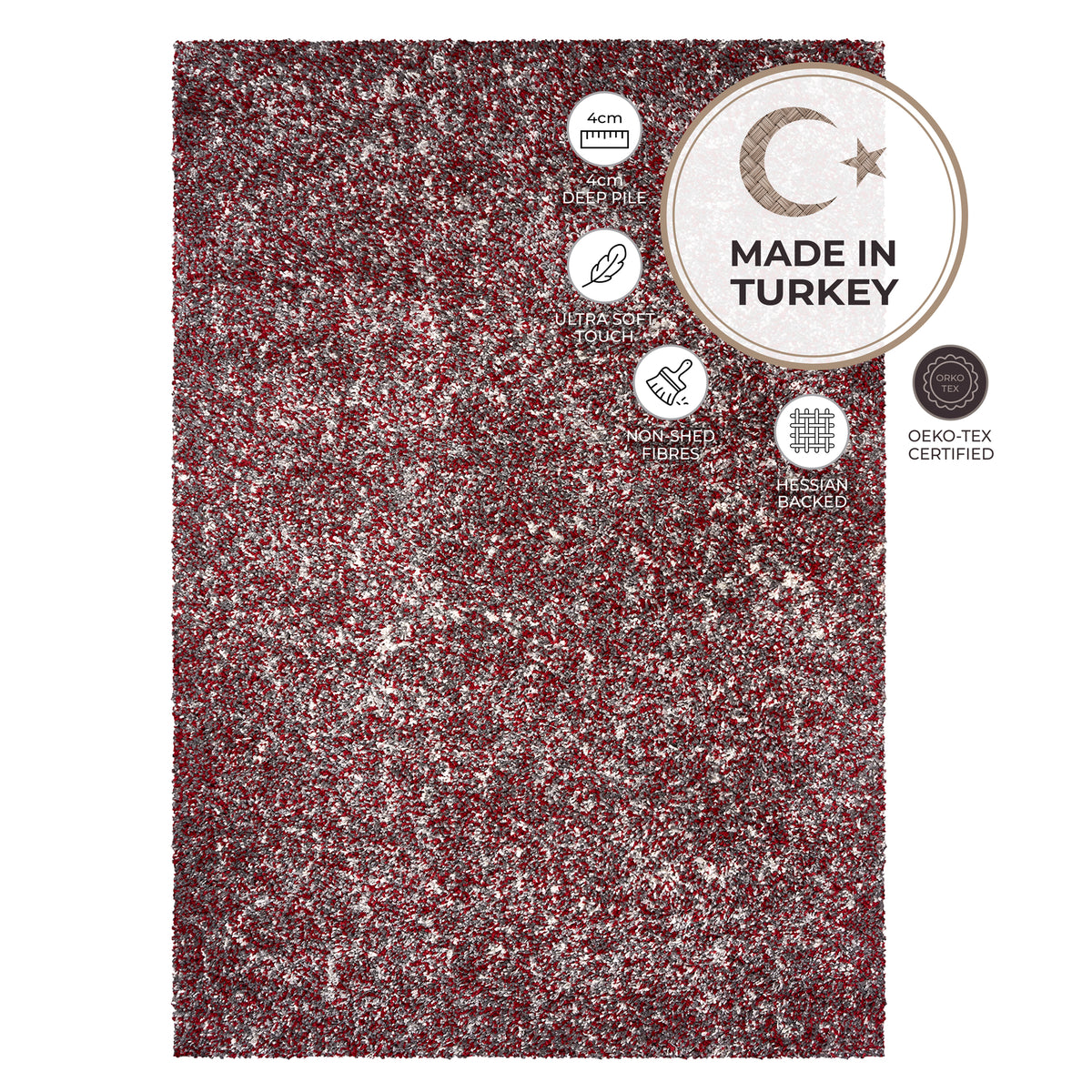 Enjoy Red Mottled Shaggy Rug, 4cm Thick Pile, Non-Shed Polypropylene, Hessian Backed, Underfloor Heating Safe