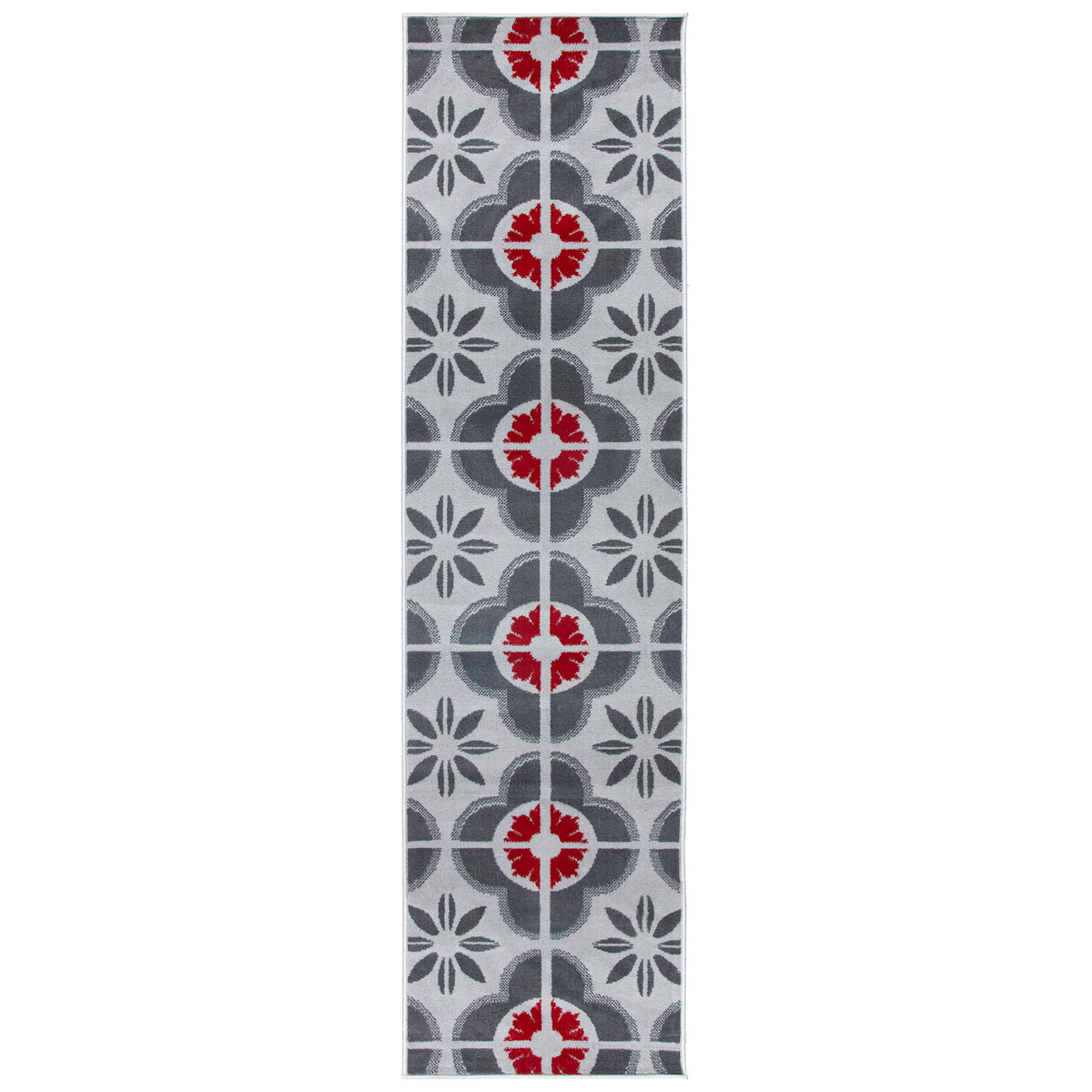Texas Red and Grey Floral Tile Stair Runner, Retro Geometric Hallway Carpet Runner Rug, 60cm Wide, Custom Lengths
