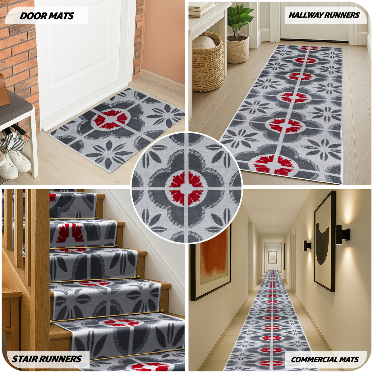Texas Red and Grey Floral Tile Stair Runner, Retro Geometric Hallway Carpet Runner Rug, 60cm Wide, Custom Lengths