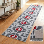 Texas Red and Grey Floral Tile Stair Runner, Retro Geometric Hallway Carpet Runner Rug, 60cm Wide, Custom Lengths