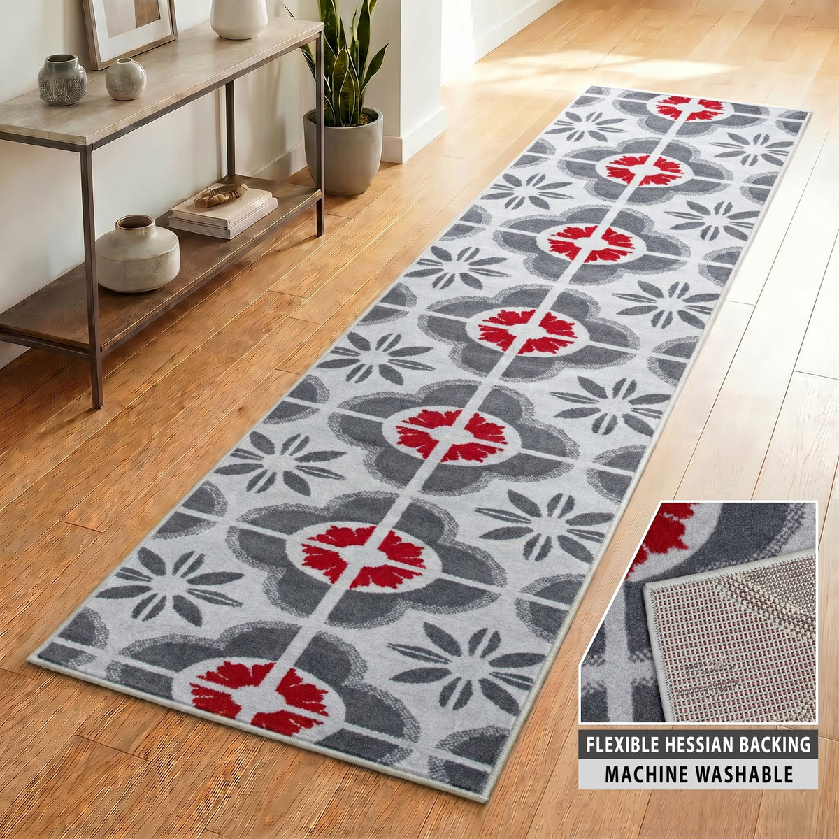Texas Red and Grey Floral Tile Stair Runner, Retro Geometric Hallway Carpet Runner Rug, 60cm Wide, Custom Lengths