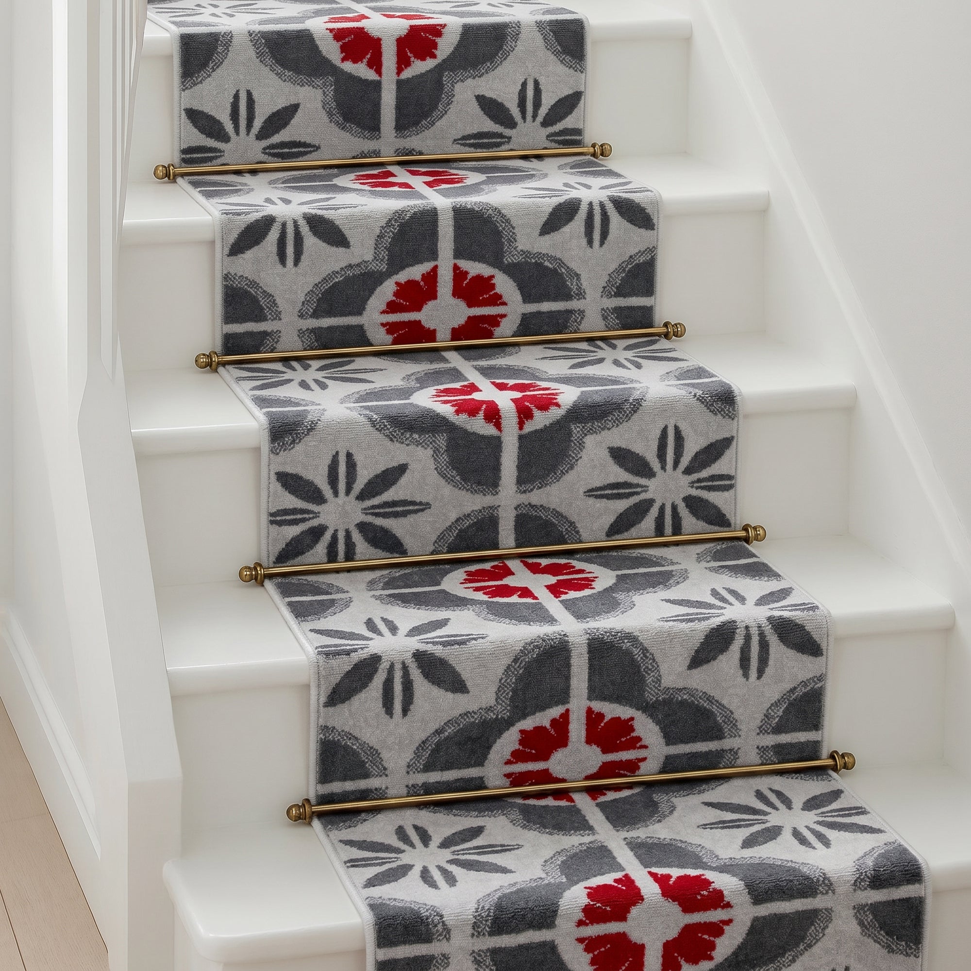 Texas Red and Grey Floral Tile Stair Runner, Retro Geometric Hallway Carpet Runner Rug, 60cm Wide, Custom Lengths