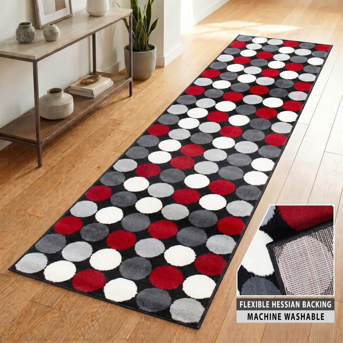 Texas Red and Grey Spotty Stair Runner, Polka Dot Hallway Carpet Runner Rug, 60cm Wide, Custom Lengths
