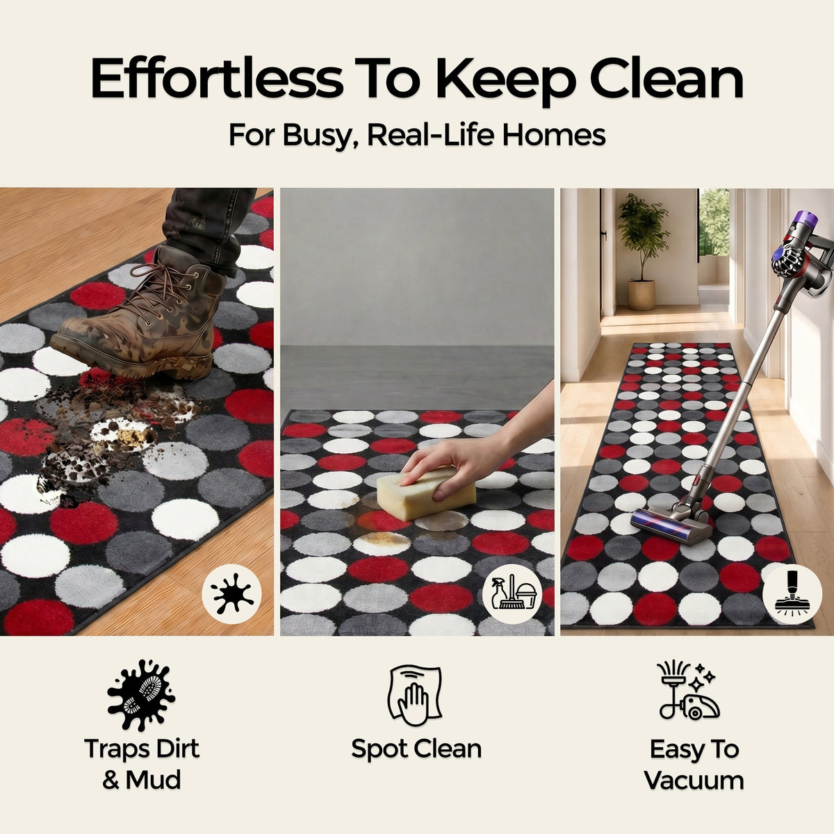 Texas Red and Grey Spotty Stair Runner, Polka Dot Hallway Carpet Runner Rug, 60cm Wide, Custom Lengths