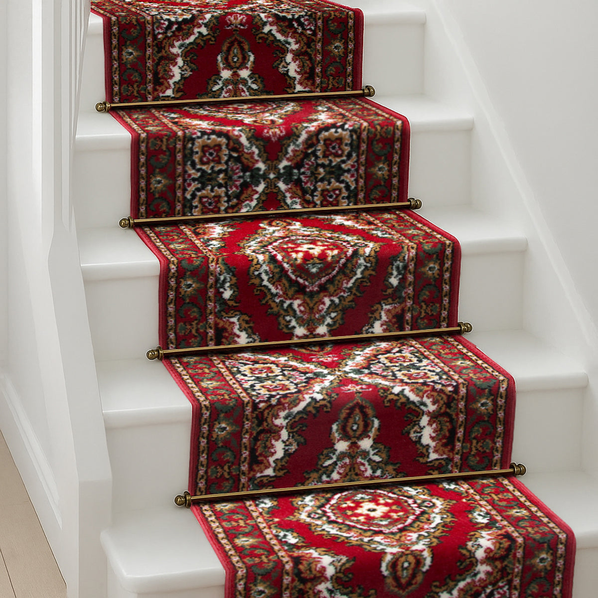 Tapis de couloir robuste à médaillon traditionnel rouge et crème - Texas