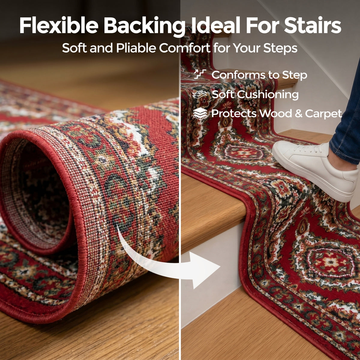 Tapis de couloir robuste à médaillon traditionnel rouge et crème - Texas