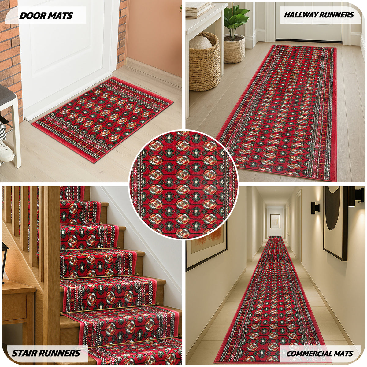 Texas Red Bokhara Stair Runner, Traditional Persian Style Hallway Carpet Runner Rug, 60cm Wide, Custom Lengths
