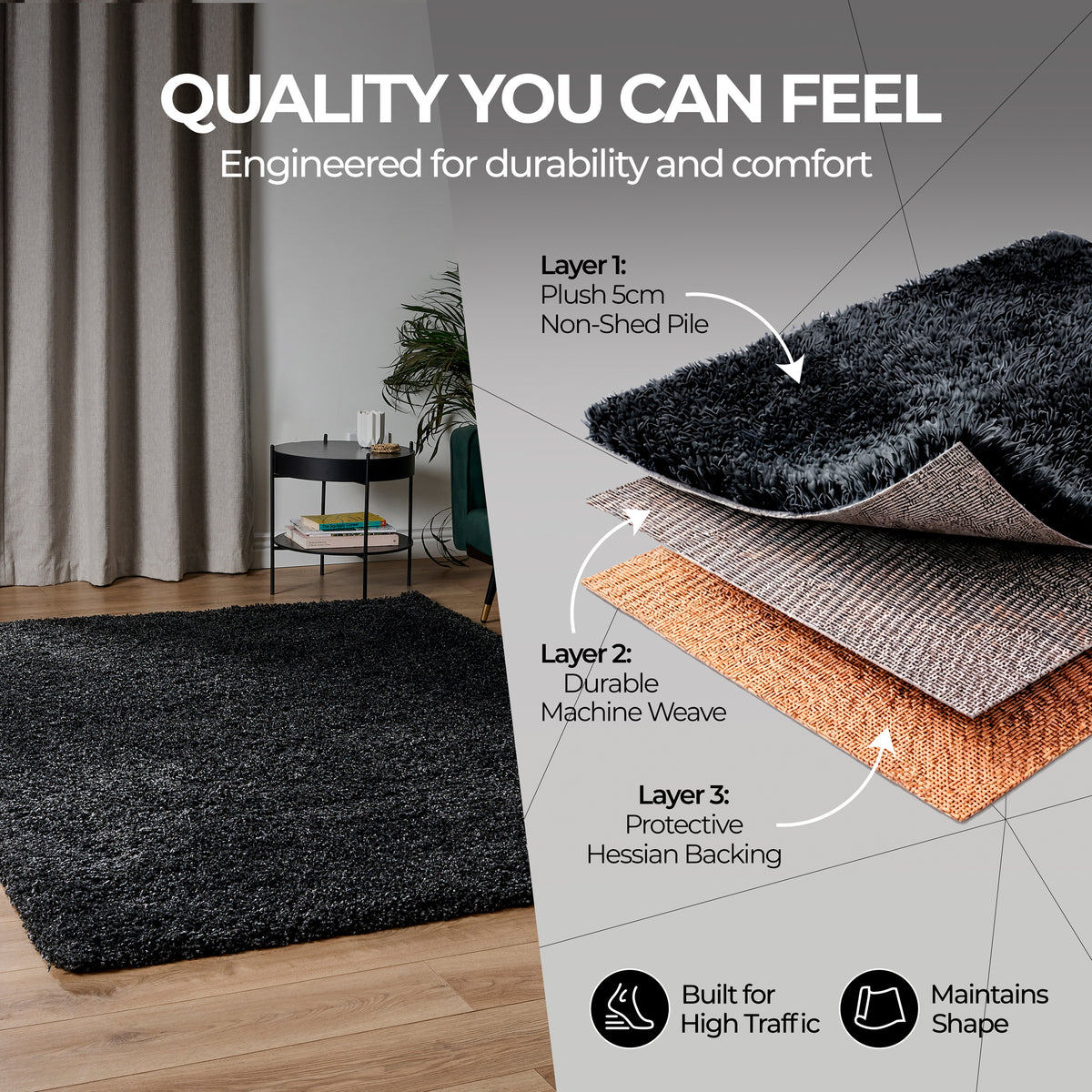 California Anthracite Charcoal Grey Shaggy Rug, Thick 5cm Deep Pile, Rectangle, Runner and Circle Sizes, Stain Resistant