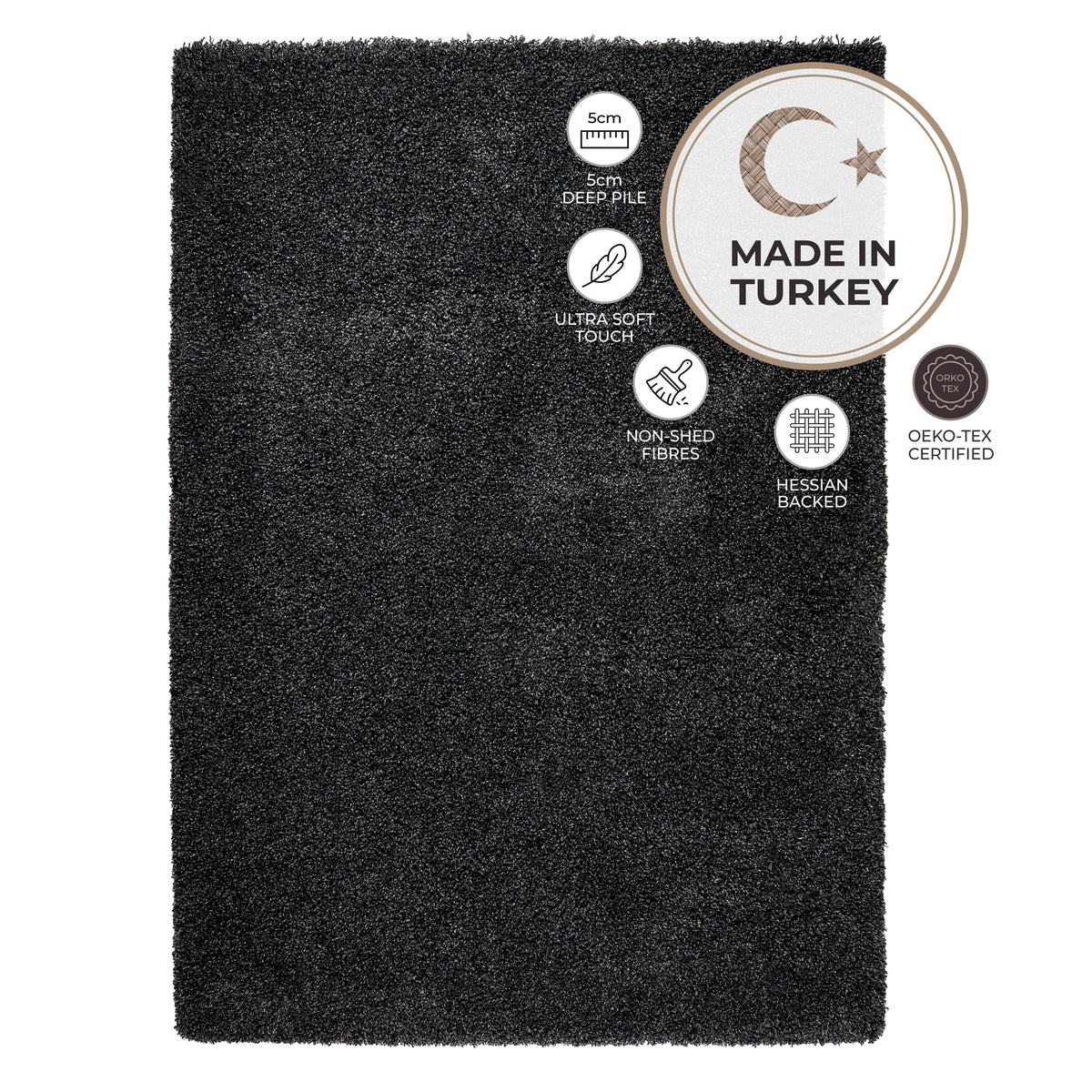 California Anthracite Charcoal Grey Shaggy Rug, Thick 5cm Deep Pile, Rectangle, Runner and Circle Sizes, Stain Resistant